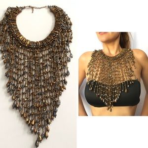Bronze Beaded Crystal Fringe Necklace